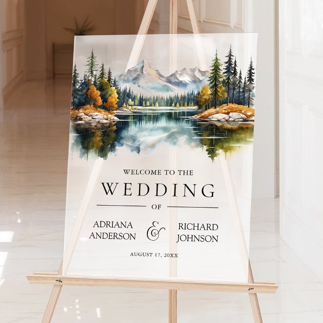 Panneau En Acrylique Fall Mountain Forest Lake Wedding Welcome (Créateur téléchargé)