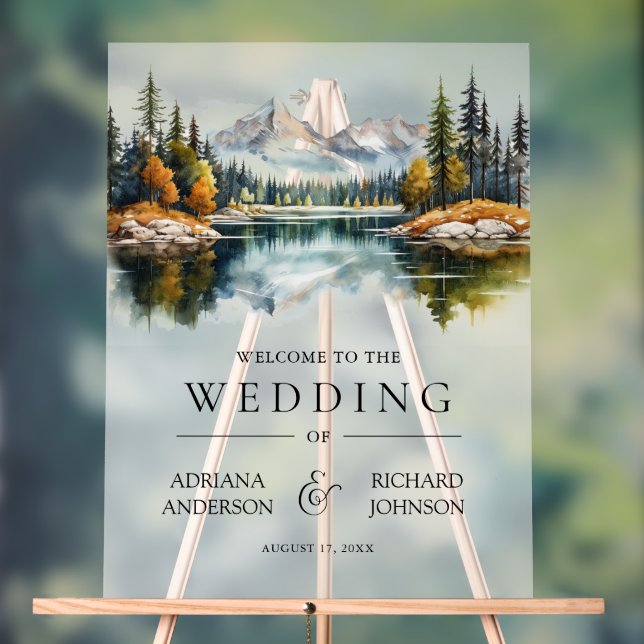 Panneau En Acrylique Fall Mountain Forest Lake Wedding Welcome (Neutre)
