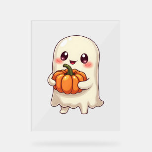 Panneau En Acrylique Fantôme mignon avec Citrouille - Drôle Halloween