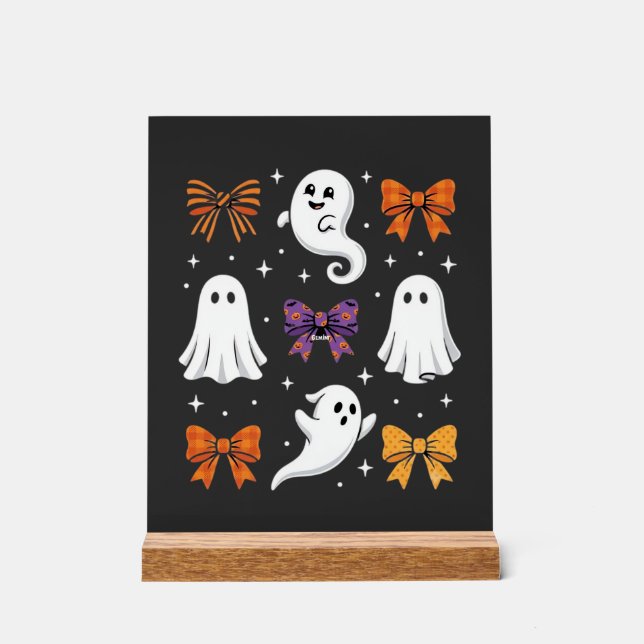 Panneau En Acrylique Fantôme Mignon avec Rubans Design Halloween_1 (Recto)