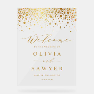 Panneau En Acrylique Faux Gold Foil Confetti Dots Mariage blanc Bienven