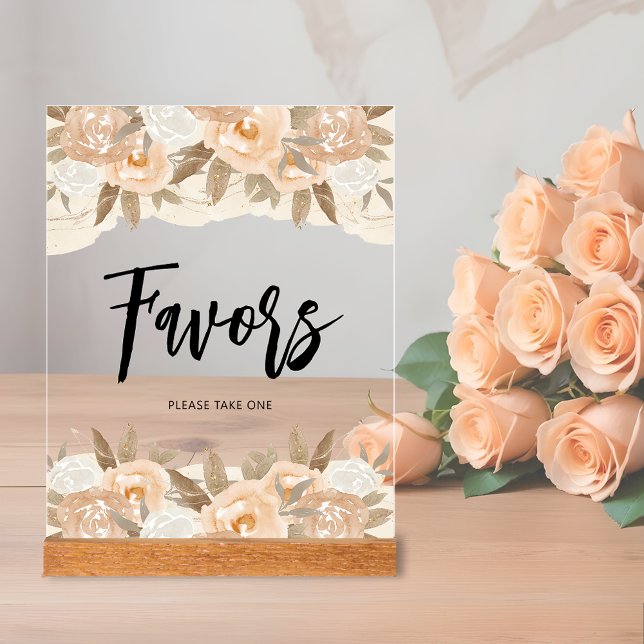 Panneau En Acrylique Favoriser la Fête des mariées des fleurs de pêche (Favors bridal shower clear acrylic sign with rustic peach flowers and leaves on top and bottom)