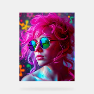 Panneau En Acrylique Femme à cheveux roses avec lunettes réfléchissante