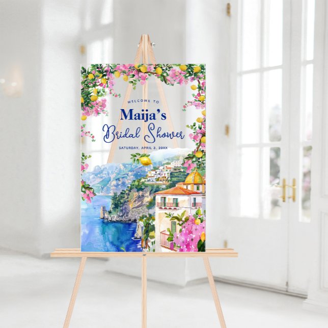 Panneau En Acrylique Fête de mariage aux couleurs aquarelles de la Côte (Watercolor Amalfi Coast Pink Lemons Bridal Shower. Welcome your guests with Italian charm.)