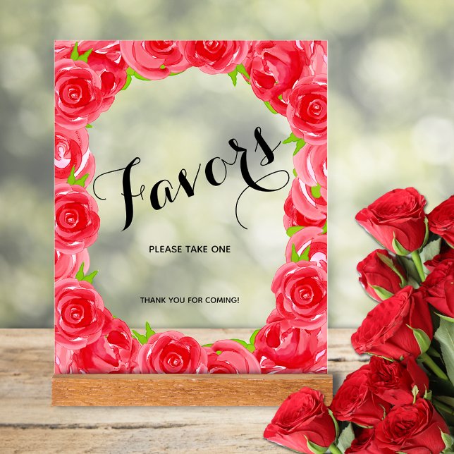 Panneau En Acrylique Fête des mariées Chic Red Roses Faveurs (Red roses bridal shower favors tabletop acrylic sign)
