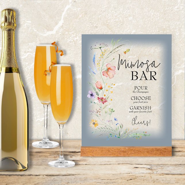 Panneau En Acrylique Fête des mariées fleur sauvage Mimosa Bar (Wildflowers Bridal Shower Mimosa Bar Clear Acrylic Sign with blue border)