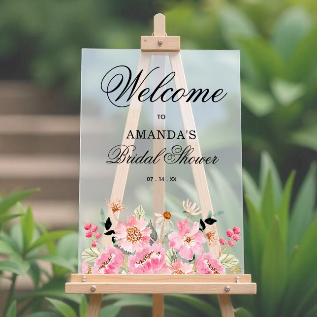 Panneau En Acrylique Fête des mariées Fleur sauvage rose (Pink garden floral bridal shower welcome acrylic sign)