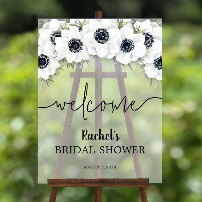 Panneau En Acrylique Fête des mariées florale aquarelle Bienvenue (Black and white watercolor floral bridal shower acrylic Welcome sign)