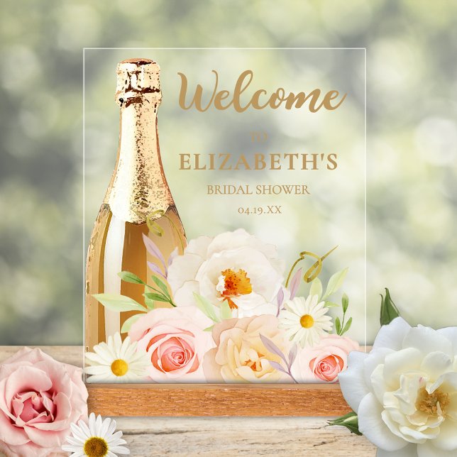 Panneau En Acrylique Fête des mariées florale aquarelle Bienvenue (Watercolor blush floral bridal shower Welcome tabletop acrylic sign)