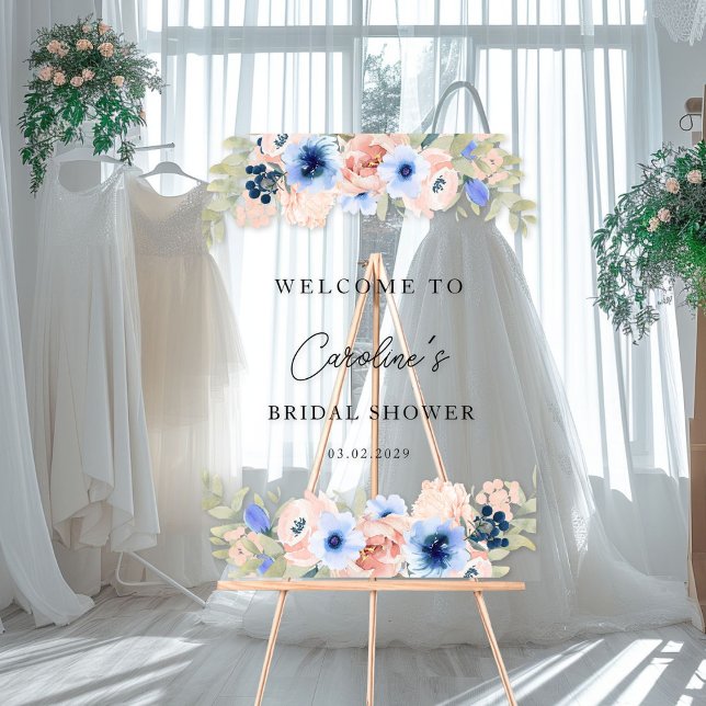 Panneau En Acrylique Fête des mariées florale bleu bracelet (Peach Blue Floral Bridal Shower Acrylic Sign)