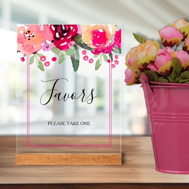 Panneau En Acrylique Fête des mariées florale rose romantique privilégi (Romantic pink watercolor flowers bridal shower favors tabletop acrylic sign)