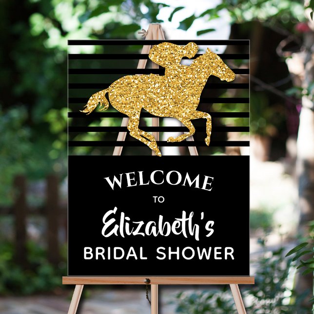 Panneau En Acrylique Fête des mariées Gold Racehorse Derby Bienvenue (Gold faux glitter racehorse Derby-themed  bridal shower Welcome acrylic sign)