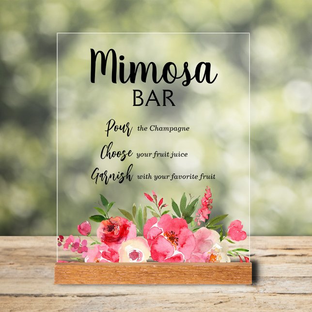 Panneau En Acrylique Fête des mariées Mimosa Bar Pink Peonies (Mimosa Bar bridal shower tabletop acrylic sign with pink and cream flowers and greenery)