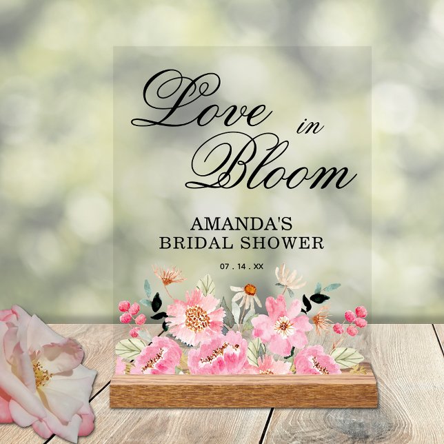Panneau En Acrylique Fête des mariées rose Floral Bienvenue (Love in Bloom on pink garden floral bridal shower welcome acrylic tabletop sign)