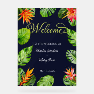 Panneau En Acrylique Feuilles tropicaux et fleurs Mariage de bienvenue 
