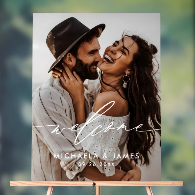 Panneau En Acrylique Fiançailles Bienvenue Élégant Script Photo moderne (Neutre)