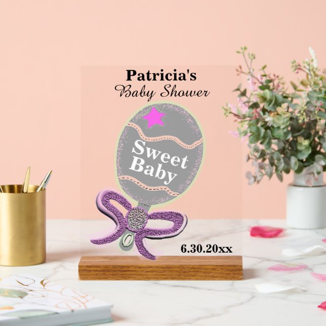 Panneau En Acrylique Fille Baby shower Argent Rose Rattle (Mariage)