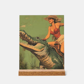 Panneau En Acrylique fille Riding Alligator