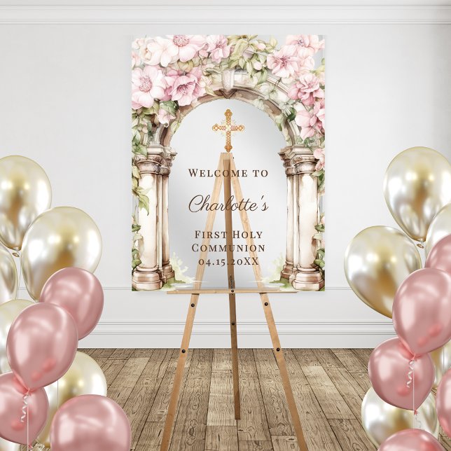 Panneau En Acrylique First Communion Pink Florals Arch Cross Welcome (Créateur téléchargé)