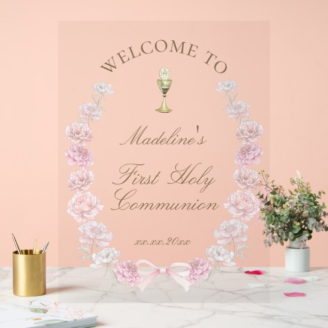 Panneau En Acrylique First Communion pink peonies welcome (Mariage)