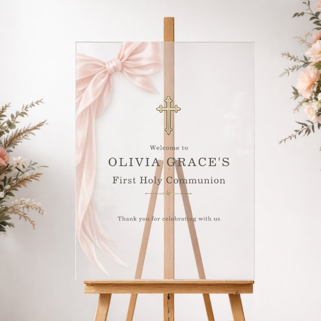 Panneau En Acrylique First Holy Communion Pink Bow Girl Welcome (Créateur téléchargé)