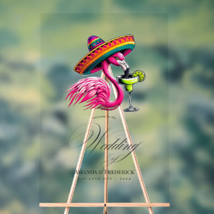 Panneau En Acrylique Flamant rose Sombrero et Margarita Fiesta Bienvenu