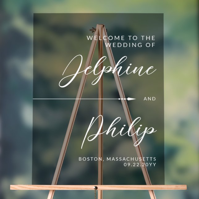 Panneau En Acrylique Flèche lisse Noir Blanc Script Mariage Bienvenue (Neutre)