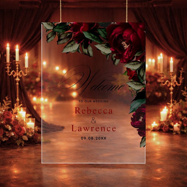 Panneau En Acrylique Fleur rouge foncé moody gothique mariage bienvenue (Créateur téléchargé)