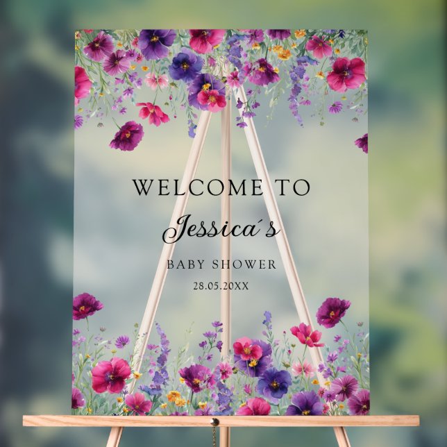 Panneau En Acrylique Fleur sauvage, Baby shower à fleurs violettes (Neutre)