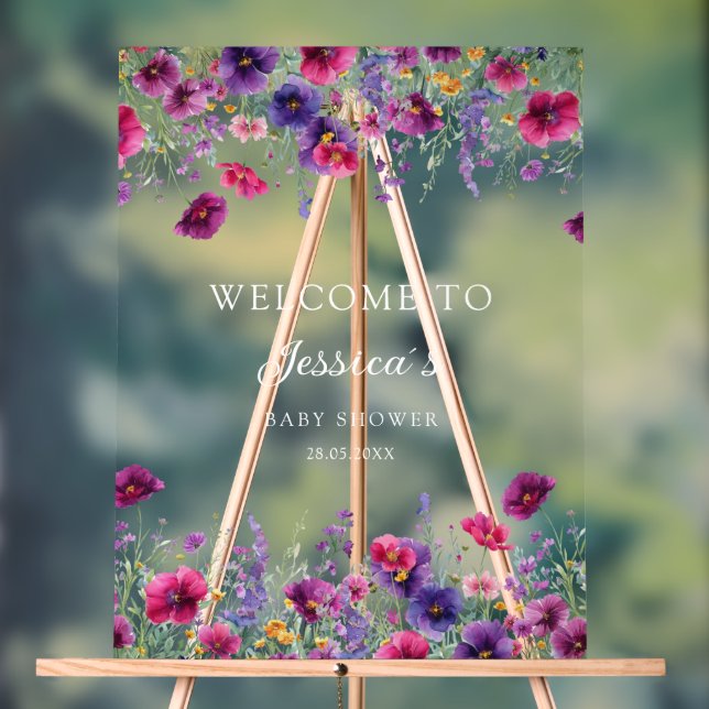 Panneau En Acrylique Fleur sauvage, Baby shower à fleurs violettes (Neutre)