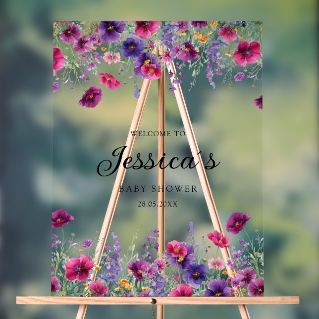 Panneau En Acrylique Fleur sauvage, Baby shower à fleurs violettes (Neutre)