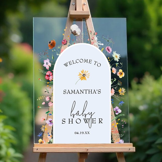 Panneau En Acrylique Fleur sauvage Baby shower garçon Bienvenue (Wildflower boy baby shower Welcome clear acrylic sign)
