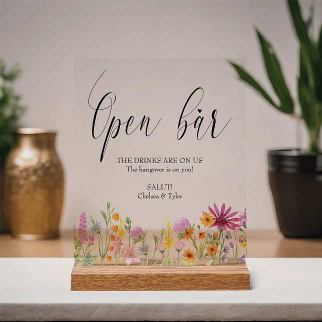 Panneau En Acrylique Fleur sauvage Meadow Mariage Open Bar (Open Bar sign from the Wildflower Meadow wedding collection by Darling & May)