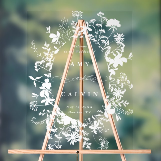Panneau En Acrylique Fleur sauvage Silhouette Cadre Mariage Bienvenue (Neutre)