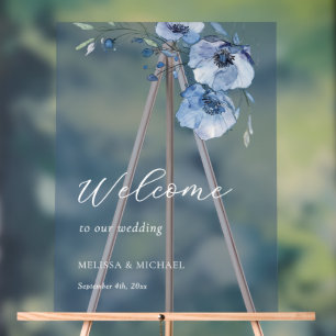 Panneau En Acrylique Fleurs aquarelle bleue Mariage Bienvenue