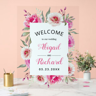 Panneau En Acrylique Fleurs aquarelles rose poussiéreux mariage bienven