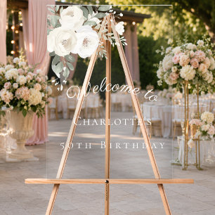 Panneau En Acrylique Fleurs blanches d'anniversaire, bienvenue à la fêt
