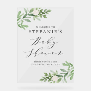 Panneau En Acrylique Fleurs blanches vertes Baby shower gris Accueil