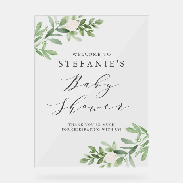 Panneau En Acrylique Fleurs blanches vertes Baby shower gris Accueil (Recto)