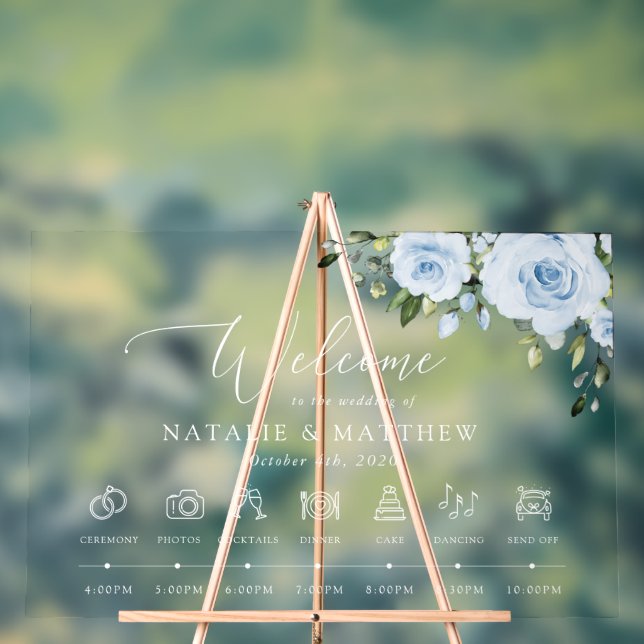 Panneau En Acrylique Fleurs bleues, Boho, Mariage Bienvenue (Neutre)