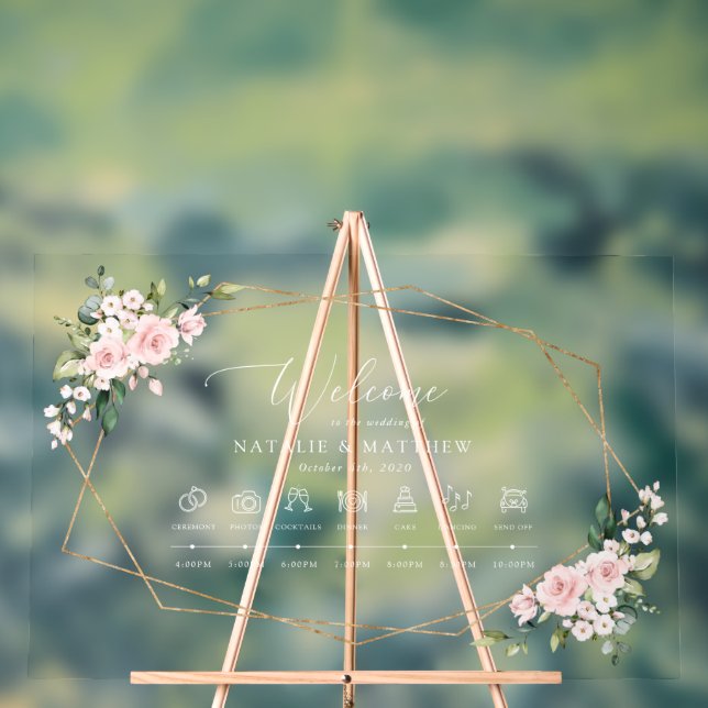 Panneau En Acrylique Fleurs bleues, Fleurs roses, Chronologie Mariage (Neutre)