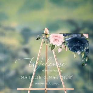 Panneau En Acrylique Fleurs Bleues Marine, Fleurs Roses, Accueil Mariag