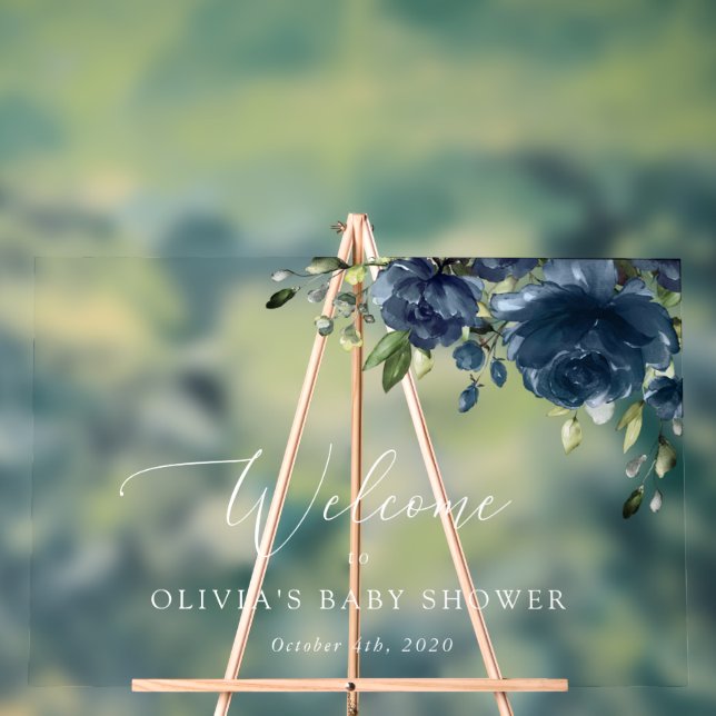 Panneau En Acrylique Fleurs Bleues Marine, Verdure, Baby shower Bienven (Neutre)