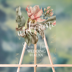 Panneau En Acrylique Fleurs botaniques tropicales roses mariage or