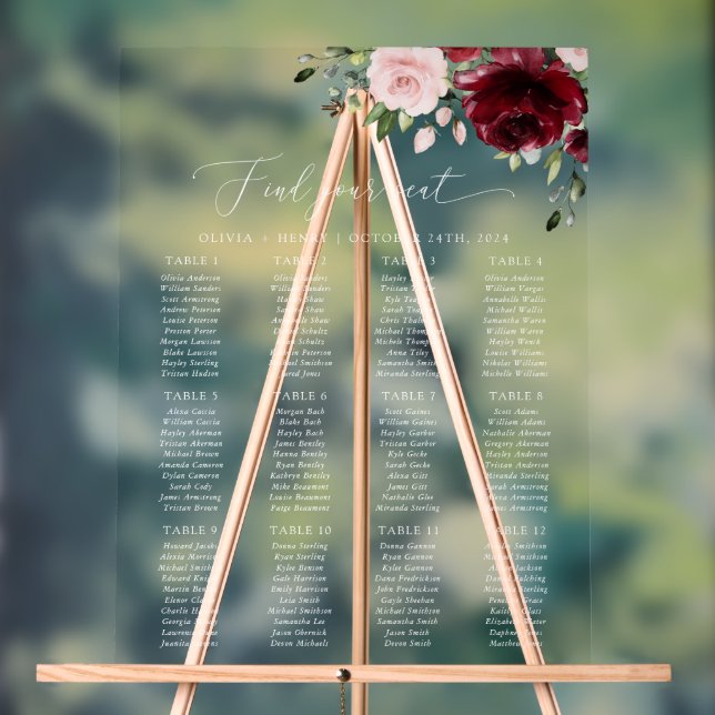 Panneau En Acrylique Fleurs Bourgognes, Fleurs Roses, Cartes de sièges (Neutre)