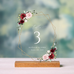 Panneau En Acrylique Fleurs Bourgognes, Fleurs Roses, Numéros De Tablea