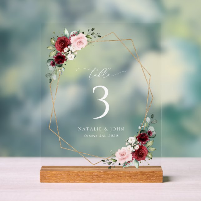 Panneau En Acrylique Fleurs Bourgognes, Fleurs Roses, Numéros De Tablea (Neutre)