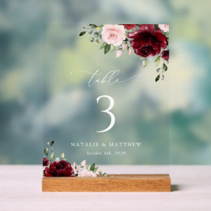Panneau En Acrylique Fleurs Bourgognes, Fleurs Roses, Numéros De Tablea