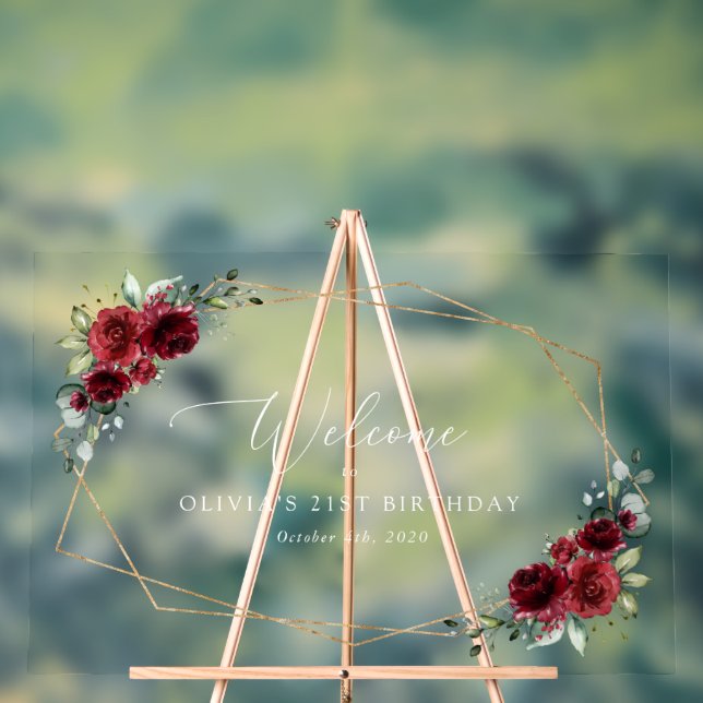 Panneau En Acrylique Fleurs Bourgognes, Fleurs Rouges, Accueil Annivers (Neutre)