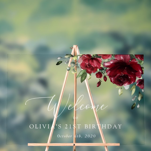 Panneau En Acrylique Fleurs Bourgognes, Fleurs Rouges, Accueil Annivers (Neutre)